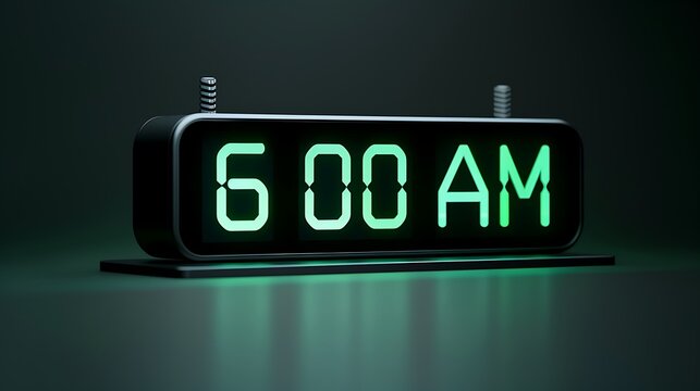 GOM Alarm Clock with Green Neon Lights on Black Background - Time Management and Wake Up Concept