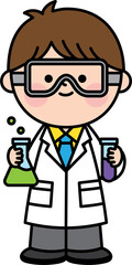 Illustration of a scientist wearing safety glasses and a white gown holding equipment for experiment.
