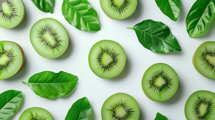 Fototapeta premium Green Kiwi Slices and Leaves Pattern