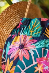 Close-up of the vibrant print on a retro-style swimsuit, with a hint of a straw beach bag in the background