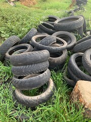 Old tires in the grass...Blurred image
