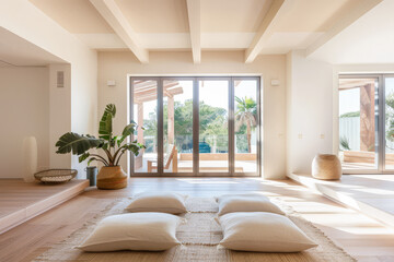 Serene minimalist room corner in a luxury residence with a mix of warm and neutral tones. Real Estate interior design composition with minimal furniture.