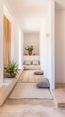 Fototapeta premium Serene minimalist room corner in a luxury residence with a mix of warm and neutral tones. Real Estate interior design composition with minimal furniture.