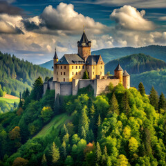 Fototapeta premium a medieval castle perched on a hilltop surrounded