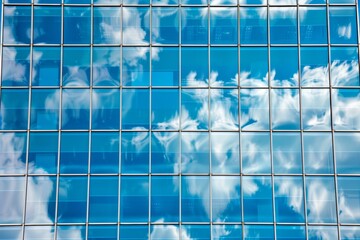 Geometric patterns of modern skyscraper windows reflecting the sky, close-up view