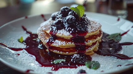 Pancakes with blueberry sauce on a plate picture