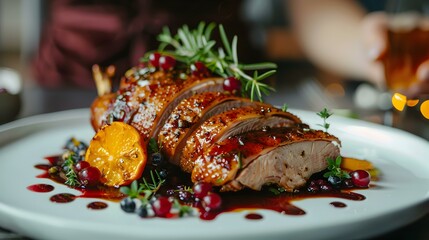 Roast duck on a plate decorated
