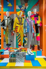 Pop art window display of a high-fashion boutique, mannequins in stylized poses, bold fabrics, and geometric patterns