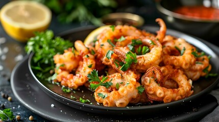 Fototapeta premium Fried squid with sauce on a plate