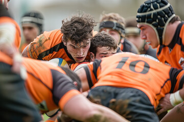 Fototapeta premium Intense moment of a rugby scrum, with players from opposing teams locked in a physical battle for possession of the ball