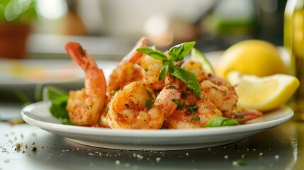 Fototapeta premium Fried shrimp on a plate garnished image