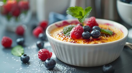 Creme brulee in a ceramic bowl decorated