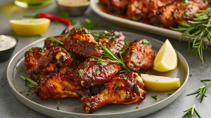 BBQ chicken wings on a plate garnished img