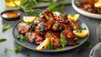 Fototapeta premium BBQ chicken wings on a plate garnished