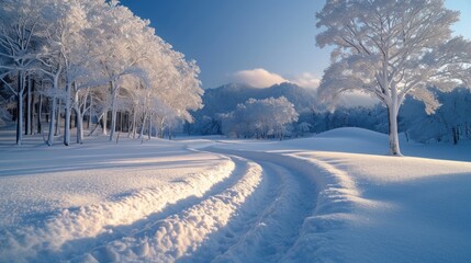 Obraz premium Snow-covered country road at sunset on a winter day. Winter background, nature wallpaper.