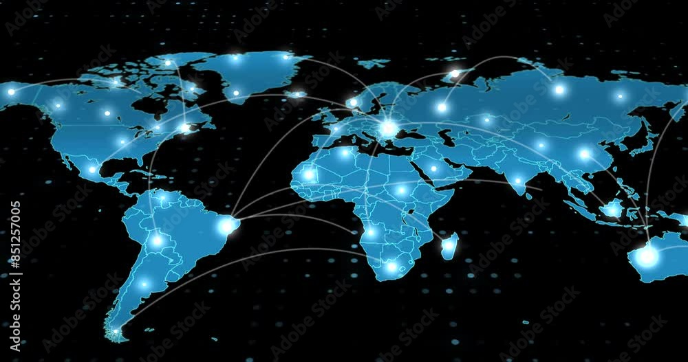 Poster Global, network and hologram with map, technology and internet with connection, software and digital system. Empty, holographic and metaverse with cyber security, tech or modern geography with planet