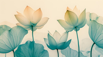 A collection of translucent lotus leaves bathed in soft, gentle light, showcasing their delicate veins and overlapping patterns.