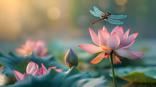 A dragonfly perches on a blooming pink lotus flower in a tranquil pond, illuminated by soft dusk light, creating a serene scene.
