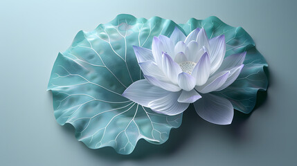 This is a close-up of a translucent lotus flower and leaves isolated on a solid background. It displays gradient hues of green, blue, and purple and showcases intricate vein pattern illustrations.