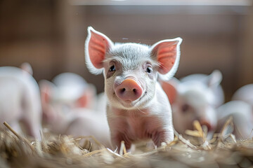 Cute portrait of a week-old newborn piglet in a pig farm, surrounded by its siblings, capturing the innocence and new life on the farm