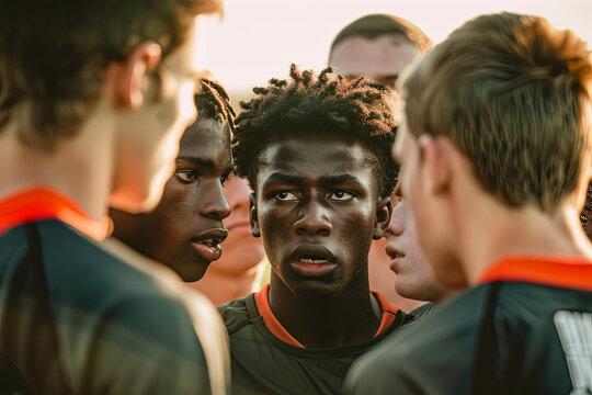Focused and determined soccer players huddled together before the kickoff, their intense expressions conveying the concentration and anticipation of the match ahead