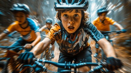 Close-up of Intense Bike Race in Forest