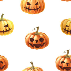 Halloween scary pumpkins seamless pattern. Watercolor illustration. Painted funny orange Halloween pumpkin seamless pattern. Autumn season holiday element festive symbol. White background