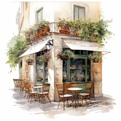 Obraz premium Street cafe with outdoor seating watercolor clipart illustration on white background