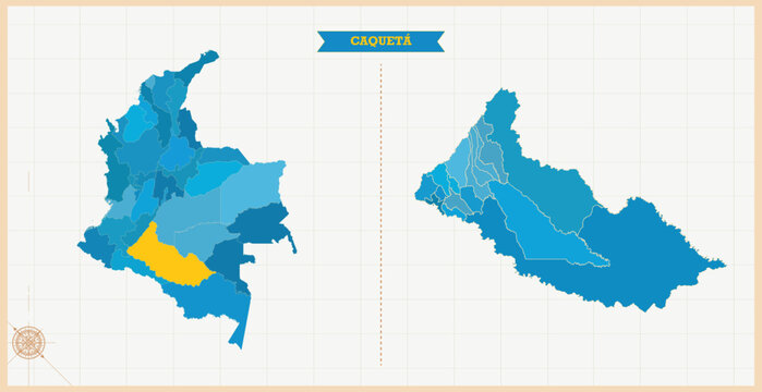 A Map highlighting Caqueta in the Colombia Map, Caqueta and Colombia modern map with Colorful Hi detailed Vector, geographical borders