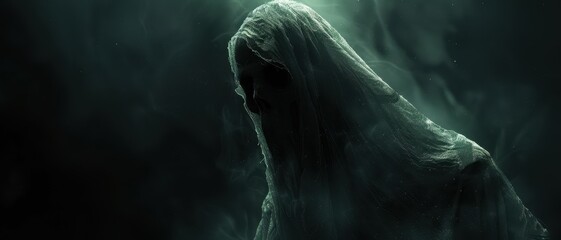 Naklejka premium Eerie Ghostly Figure in Dark Foggy Atmosphere - Perfect for Halloween and Horror Themes