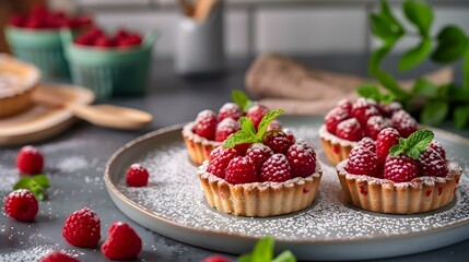 Raspberry tartlets on a plate decorated picture