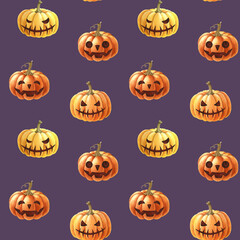 Halloween funny pumpkins seamless pattern. Watercolor illustration. Hand drawn scary funny orange pumpkin seamless pattern. Halloween holiday element symbol. Violet background