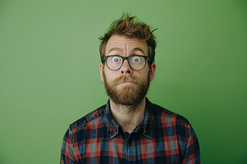 Obraz premium Expressive portrait of a nerdy individual against a green background, conveying a sense of doubt, skepticism, or uncertainty through their facial expression and body language