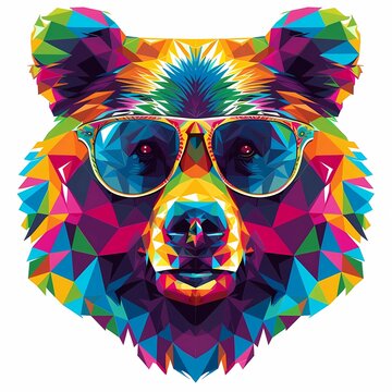 adorable grizly bear wear sunglasses with color triangle pop art illustration