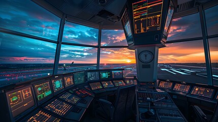 Air traffic control tower with controllers monitoring image