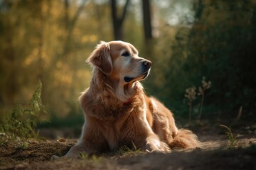 A large golden retriever is laying on the ground in a grassy area