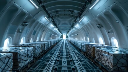 Fototapeta premium Cargo aircraft interior with rows of pallets img