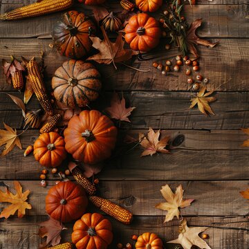 Abundant fall harvest spread out on a rustic wooden table, featuring pumpkins, corn, and vibrant autumn leaves, ideal for a seasonal display