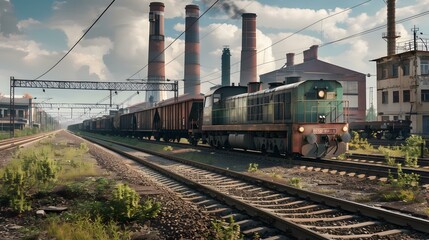 Obraz premium Cargo train traveling through an industrial area img