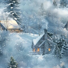Cozy snowy cabin nestled in a forest, smoke rising from the chimney, surrounded by freshly fallen snow, ideal for a winter retreat scene