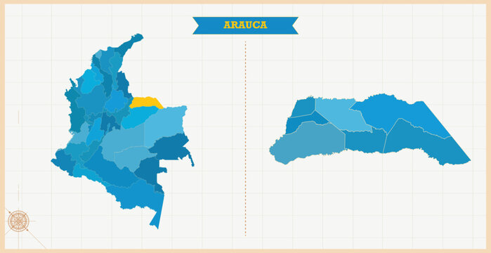 A Map highlighting Arauca in the Colombia Map, Arauca and Colombia modern map with Colorful Hi detailed Vector, geographical borders