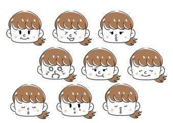 笑顔や落ち込んだり困り顔、泣き顔、すね顔などの色んな表情の女の子の顔のイラストセット