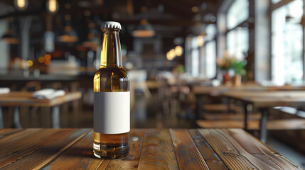 mockup, transparent beer bottle on wooden table, bottle with blank white label, cafe table background with slight blur, Ai Generated Images