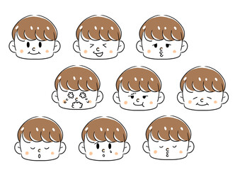 笑顔や落ち込んだり困り顔、泣き顔、すね顔などの色んな表情の男の子の顔のイラストセット