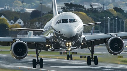 Naklejka premium Airplane taking off from a modern airport image