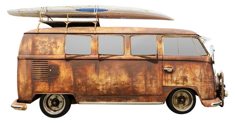 Side view rusty old van with surfboard on rack © Ratchapon