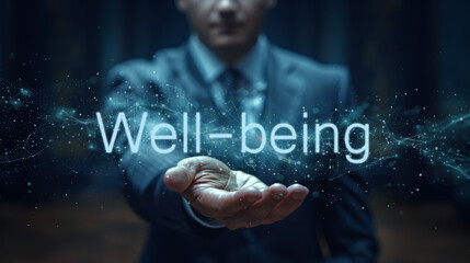 Well-being word on the hand of a businessman. Text symbol concept. Copy space.