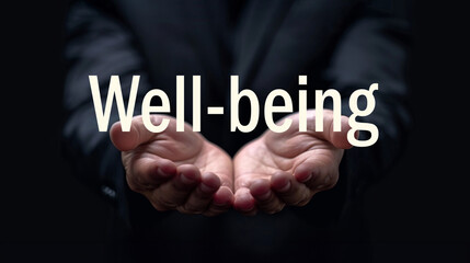 Well-being word on the hand of a businessman. Text symbol concept. Copy space.