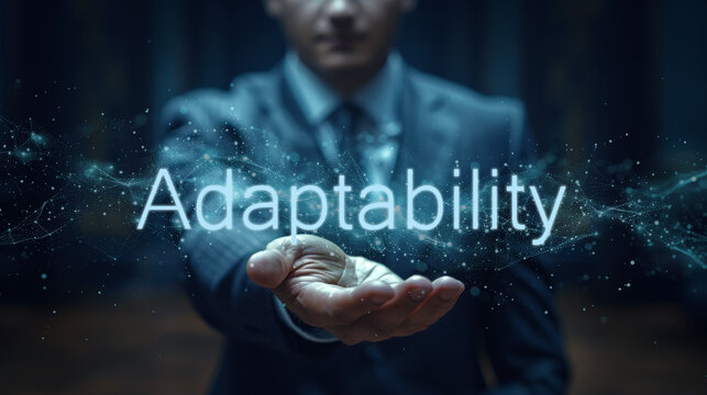 Adaptability word on the hand of a businessman. Text symbol concept. Copy space.