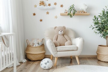 Stylish scandinavian newborn baby room with toys, children's chair, natural basket with teddy bear and small shelf. Modern interior with white background walls. Generative ai
